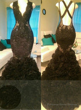 Gorgeous Black Mermaid V-Neck Tulle Appliques Open-Back Prom Party Gowns